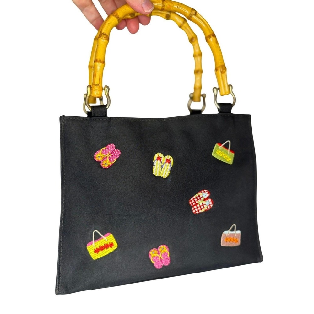 Tianni Black Fabric Handbag Bamboo Handles Embroidered Beach Flip Flops Vintage